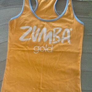 Zumba Fitness Orange Tank with Light Blue Trim and White Logo